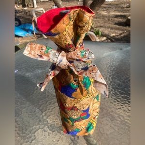 OOAK New Wine Bottle Gift Bag Handmade Cloth with Matching Teddy Bear Ribbon